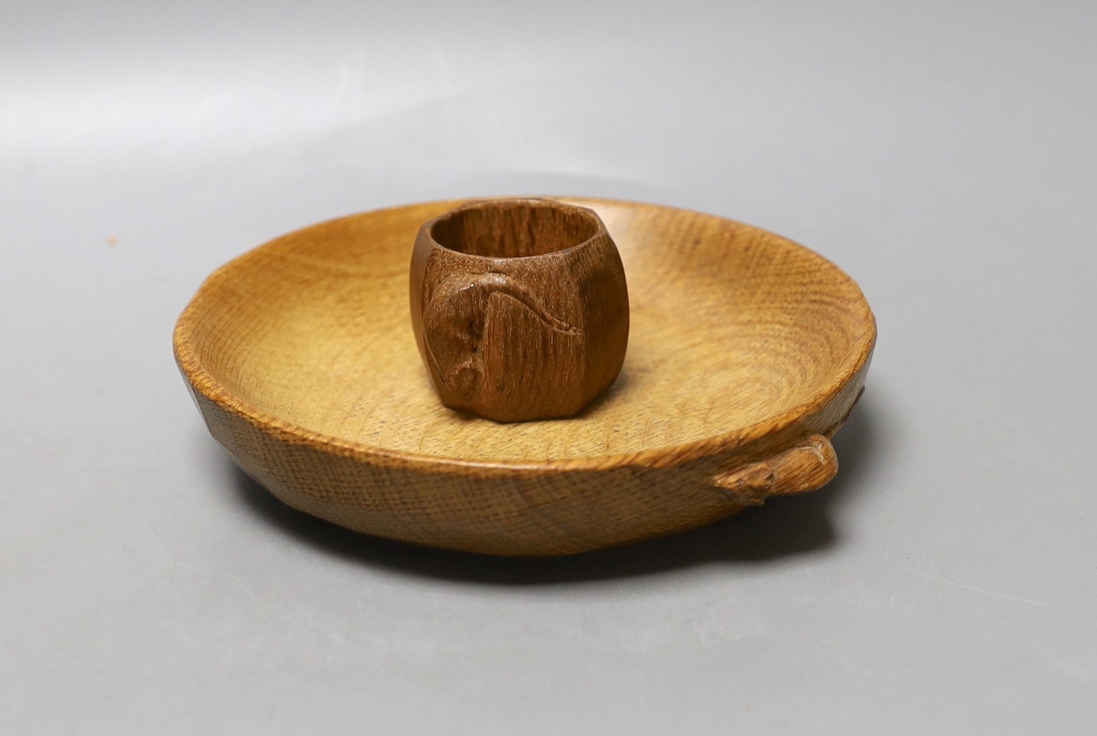 A Mouseman napkin ring and trinket dish - 18cm diameter